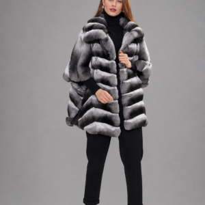 Luxury natural silver grey chinchilla fur coat with voluminous collar