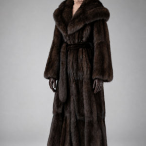 Luxury full-length Russian sable fur coat with an oversized hood in natural dark sable color, handcrafted by Royal Furs.