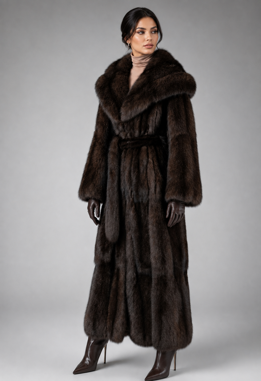 Luxury full-length Russian sable fur coat with an oversized hood in natural dark sable color, handcrafted by Royal Furs.