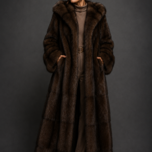 Luxury full-length Russian sable fur coat with an oversized hood in natural dark sable color, handcrafted by Royal Furs.