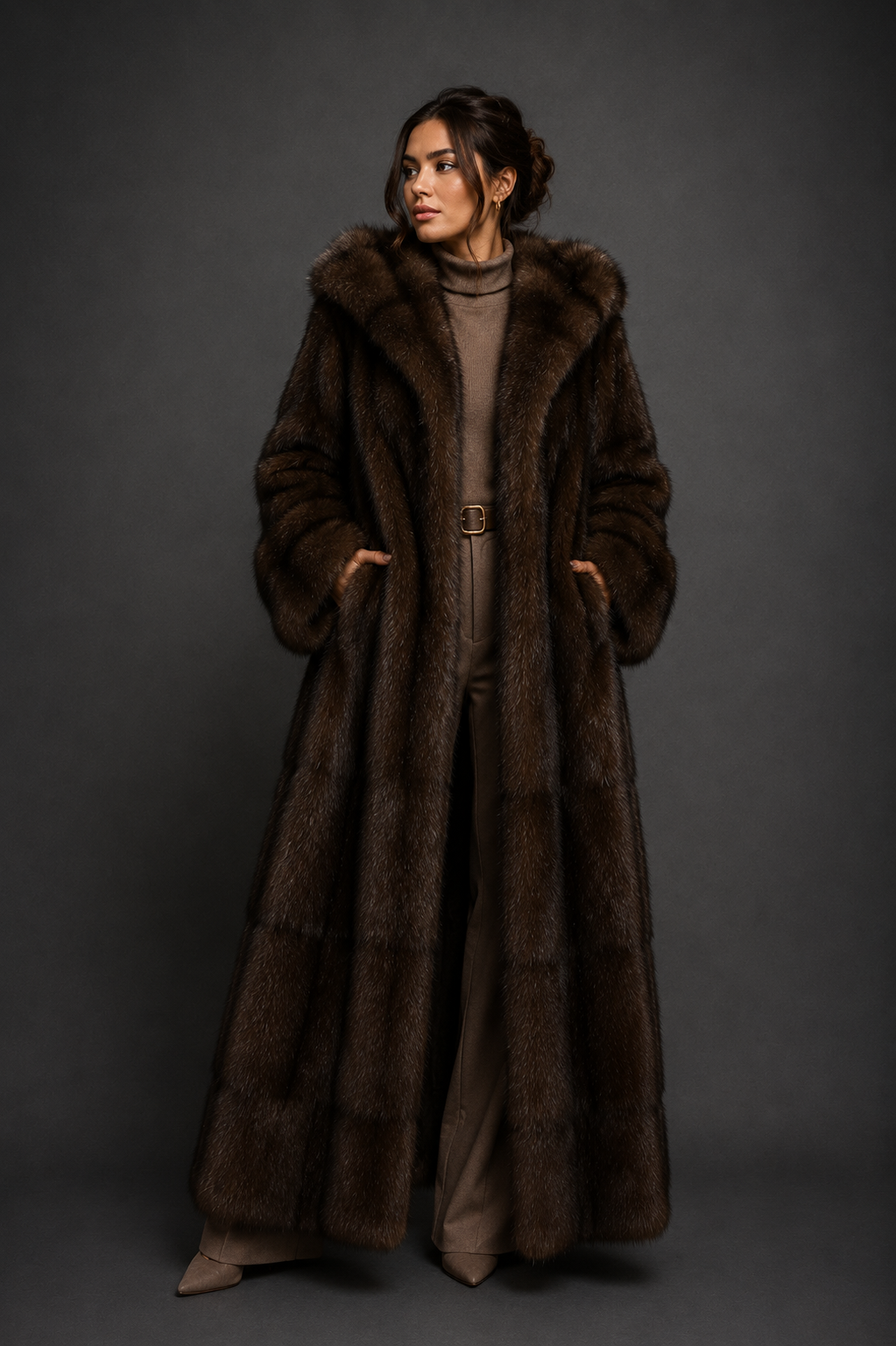 Luxury full-length Russian sable fur coat with an oversized hood in natural dark sable color, handcrafted by Royal Furs.