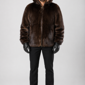 Men's beaver fur coat with hood in natural dark brown fur by ROYAL FURS