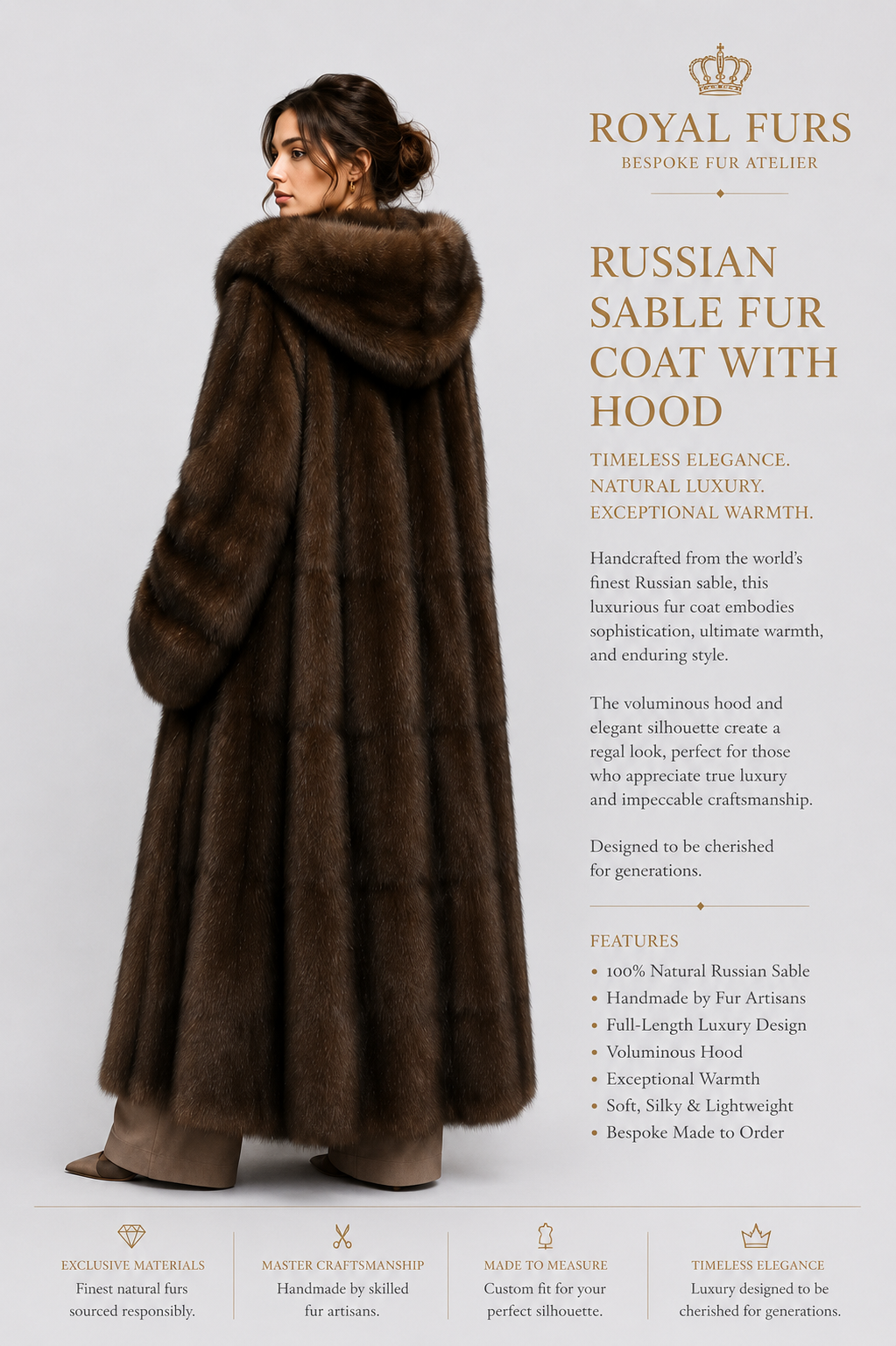 Luxury Russian Sable Fur Coat with Hood – Full Length Handmade Fur Coat | Royal Furs - Image 2