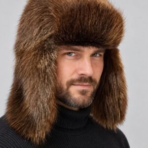 Men's natural beaver fur ushanka hat with long ear flaps