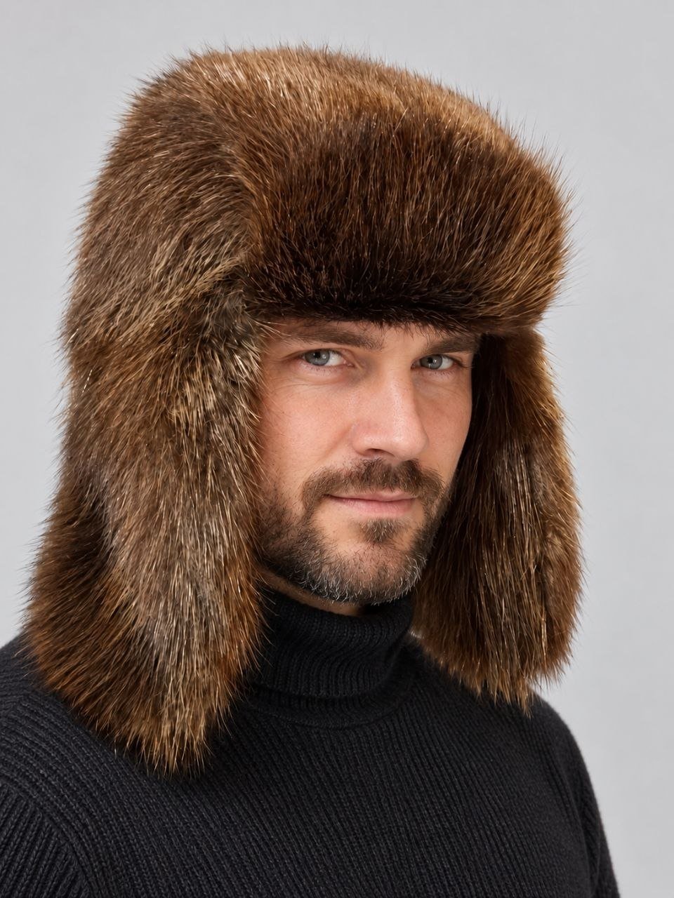 Men's natural beaver fur ushanka hat with long ear flaps