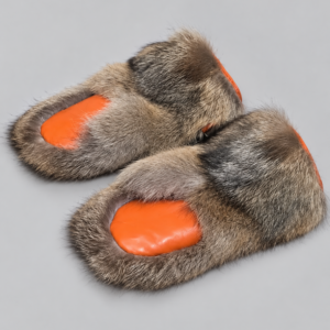 Coyote fur hunting mittens with orange leather palms, 36 cm